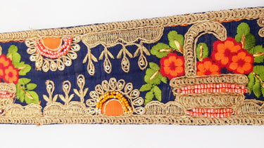 Navy Blue Art Silk Fabric Trim With Green, Orange, Red And Gold Floral Embroidery